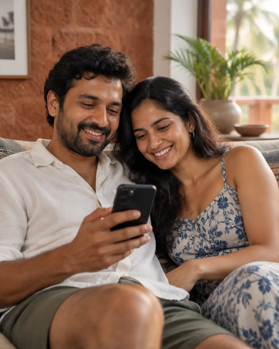 A couple at home checking their money on a phone