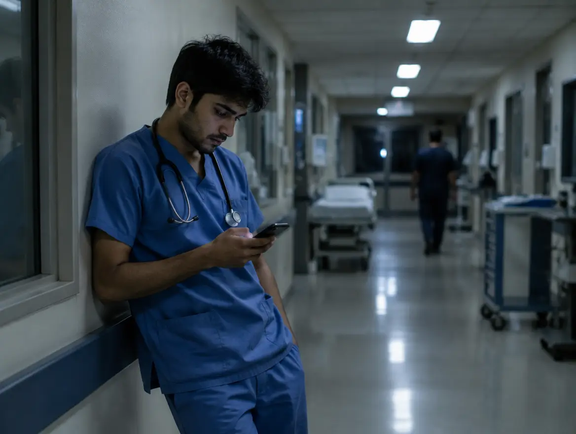 A young resident doctor on a night shift checking his phone in a hospital corridor